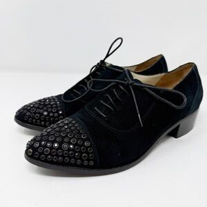 Karen Millen Black Leather Lace Up Oxford Shoes Size 38 EUR / 7 US Bejeweled